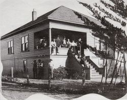 Hans Hansen family members pose on the front porch of the Hansen residence, Petaluma, California, about 1910