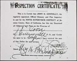 Inspection certificate, Guerneville, California, April 1906