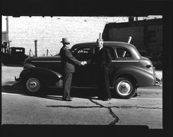 Police chief with new car, Petaluma, California, 1938