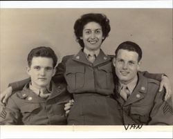 Portrait of Patricia Talamantes in her WAC uniform with two unidentified soldiers, about 1945