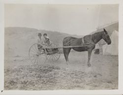 William S. Borba with wife and daughter Jean in a buggy at Jaffney Ranch, Bodega Bay, California, 1914