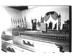 Front of an unidentified church decorated with American flags, Petaluma, California, about 1925