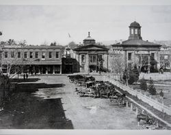 Overhead view of the Old Court House, Jail, Hall of Records and a commerial building, Santa Rosa, California, February 20, 1875