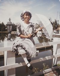 Portrait of Cynthia Chin in Victorian bathing costume, Petaluma, California