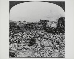 Looking east to the Sonoma County Courthouse in Santa Rosa, California after the 1906 earthquake, showing the south side of Fourth Street