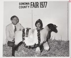 Becky Muelrath and her 4H Reserve Grand Champion Market lamb at the Sonoma County Fair, Santa Rosa, California, 1977