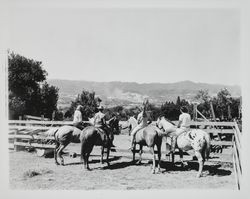 Horseback riders at Palomino Lakes enjoying the view, Cloverdale, California, 1962