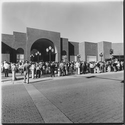 Crowds gathering outside Santa Rosa Plaza on opening day, Santa Rosa, California, 1982
