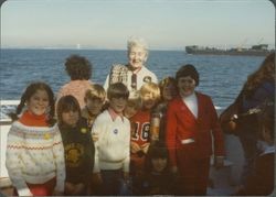 Helen Putnam and Two Rock School students on a boat cruise, San Francisco, California, 1980