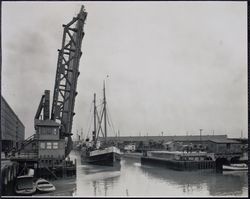 Steam ship exiting Third Street Channel, Third Street Drawbridge, San Francisco, California, 1920s