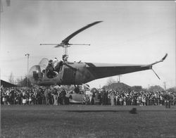 Santa in a helicopter at McNear Park, Petaluma, California, 1948