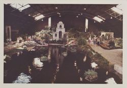 Sonoma Mission theme flower show at the Hall of Flowers at the Sonoma County Fair, Santa Rosa, California, 1969