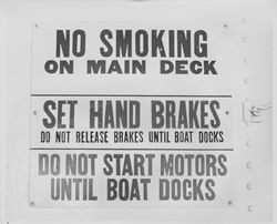 San Francisco ferry boat rule signs, San Francisco, California, 1940
