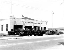 Petaluma Fire Department and engines outside Headquarters station, Petaluma, California, about 1954