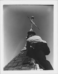 Taking down Pepper Kindergarten weather vane, Petaluma, California, 1960