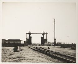 Railroad tracks ending at a ferry dock, Marin County, California, about 1920