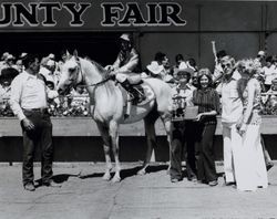 Joan Perry Ryan with horse and jockey at the Sonoma County Fair, Santa Rosa, California