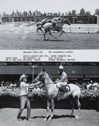 Photo finish and winner's circle for Caesar's Holy Sox at the Sonoma County Fair, Santa Rosa, California, 1968