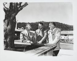 George Stanley, Ray Bellows, and an unidentified member of the Oakmont sales team at Oakmont, Santa Rosa, California, 1964