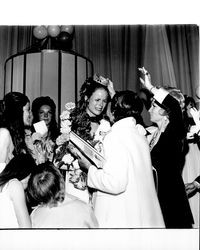 Rhonda Severy being greeted by well wishers after receiving title of Miss Sonoma County, Santa Rosa, California, 1971
