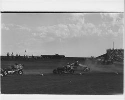 Wrecked racing car of Jimmie Brucker at Di Grazia Motordrome, Santa Rosa, California, 1939