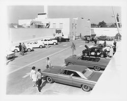 Car show on the roof of the 3rd & D Street parking garage, Santa Rosa, California, 1964