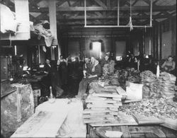 Men standing at their work areas in the Nolan-Earle Shoe Company factory, Petaluma, California, 1901