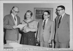 Group discussing Hillcrest Hospital (Petaluma, Calif) pledges, 1957