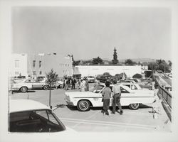 Car show on the roof of the 3rd & D Street parking garage, Santa Rosa, California, 1964