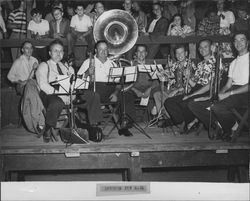 Petaluma Pep Band entertaining at Leghorn game, Petaluma, California, Sept. 15,1951