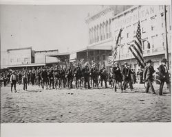 Soldiers from Company C marching north up Main Street, Petaluma, June 30, 1898