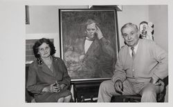 Madie Brown and Richard R. Emparan with a portrait of Mariano Guadalupe Vallejo