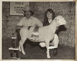 Vickie Minnich Holden and her FFA Champion Dorset market lamb at the Sonoma County Fair, Santa Rosa, California, 1984