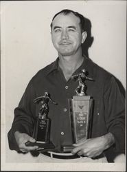 Arnie Peters with bowling trophies, Petaluma, California, 1963