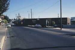 Southern Pacific train on South Main Street, Sebastopol, June 1970