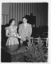 Esther Joan Gambonini and Tim Miller at St. Vincent's YLI and YMI installation ceremonies, Petaluma, California, 1955