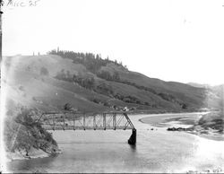 View of bridge at Markham's crossing on Russian River, Jenner, California, late 19th century