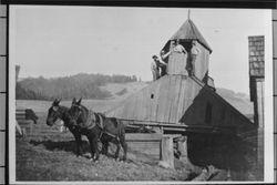 Men and horses repairing Chapel at Fort Ross