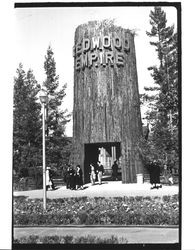 Redwood tree with "Redwood Empire" sign, San Francisco, California, 1939--a symbol for the Redwood Empire