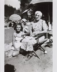 Mary McGregor and an unidentified woman at Odd Fellows Park Beach on the Russian River, about 1940