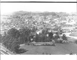 Aerial view of Petaluma, California looking northwest near U.S. Highway 101, about 1958