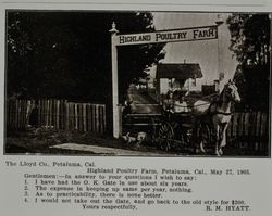 Lloyd gate at the Highland Poultry Farm, R. M. Hyatt, proprietor in Petaluma, California, as shown in the Lloyd Co. catalog for 1912