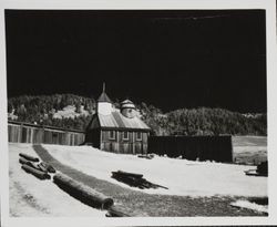 Fort Ross Chapel and wall of Fort Ross looking northeast, 1957