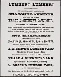 Lumber advertisement for the Heald and Guerne Saw Mill, Guerneville, California, 1874