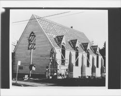 Carpenters rebuilding the Church of One Tree after its move to Juilliard Park in Santa Rosa, California, 1957