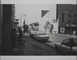 Quake-damaged buildings at the intersection of Fifth and B Streets, Fifth Street and B Street, Santa Rosa, California, September 1969