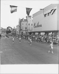 Majorettes and bands in the Sonoma-Marin 4th District Fair parade, Petaluma, California, 1955