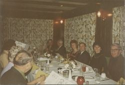 Arnie Peters and other Petaluma Argus-Courier staff members at a restaurant, Petaluma, California, about 1977