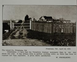 Lloyd gate at the W. Frohlking farm in Petaluma, California, as shown in the Lloyd Co. catalog for 1912