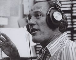 Ronald R. Walters at the radio station microphone, 21 Washington Street, Petaluma, California, in the 1970s